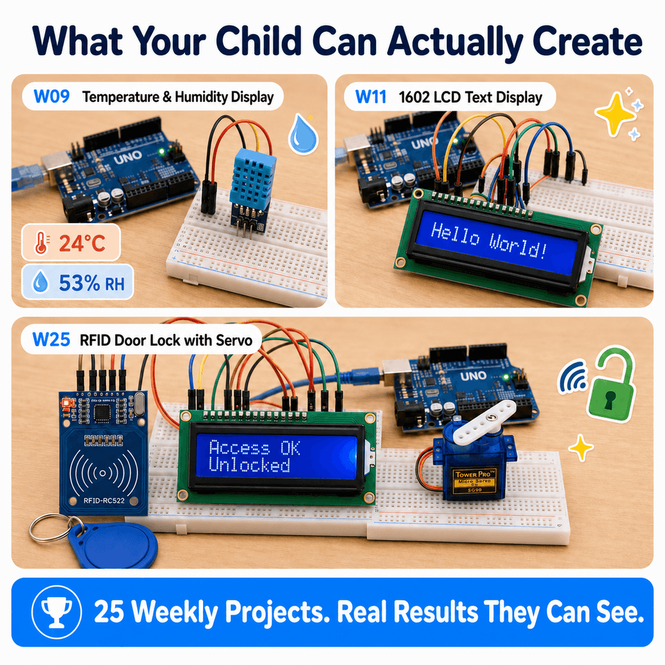 Projects from the 25-Week Learn & Build Program: temperature display, LCD text, and an RFID door lock