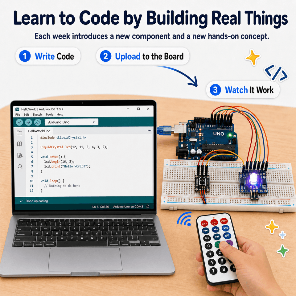 Learn to code by building real things: write code, upload to the board, and watch it work