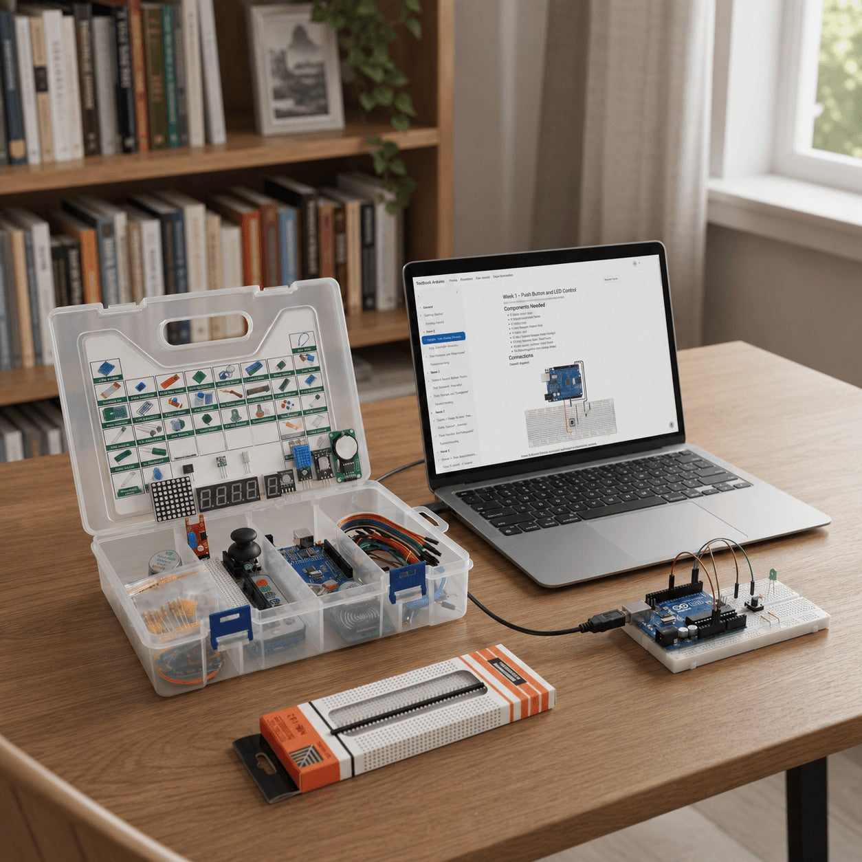 The Arduino kit, the weekly course open on a laptop, and a first breadboard build on a home study desk